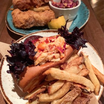 Sea Level NC - Connecticut Style Lobster Roll (front) Fish & Chips (back)  [Instagram @restaurant_aholic] - Seafood Near Me - Charlotte, North Carolina