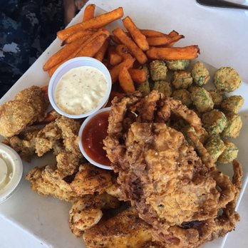 Fisherman's Corner - Seafood platter- fried soft Softshell Crab and oysters, blackened shrimp and fish w/ okra and sweet potato fries. - Cajun/Creole Near Me - Pensacola, Florida Fisherman's Corner - Seafood platter- fried soft Softshell Crab and oysters, blackened shrimp and fish w/ okra and sweet potato fries. - Cajun/Creole Near Me - Pensacola, Florida