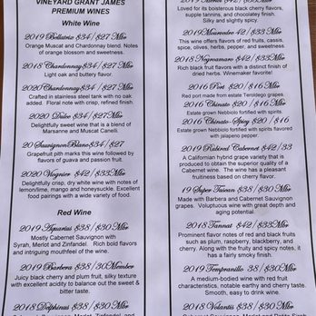Vineyard Grant James - Full wine menu. Stand outs were Chardonnay and Barbera. The Chinato- Spicy was a unique wine and not overly hot. - Wineries Near Me - Ramona, California Vineyard Grant James - Full wine menu. Stand outs were Chardonnay and Barbera. The Chinato- Spicy was a unique wine and not overly hot. - Wineries Near Me - Ramona, California