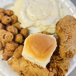 Ernie's Fried Chicken - Okra, Breast, Leg, Mashed Potato's with Gravy, Hawaiian Roll
