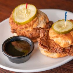 The Pub - Crestview Hills - Nashville hot fried chicken breast on biscuits with pickles & side of honey