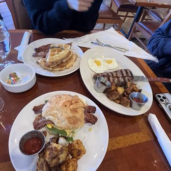 Sedona Crepes - Steak and eggs with potatoes  Chicken and waffles  Breakfast sandwich with potatoes - Creperies Near Me - Sedona, Arizona