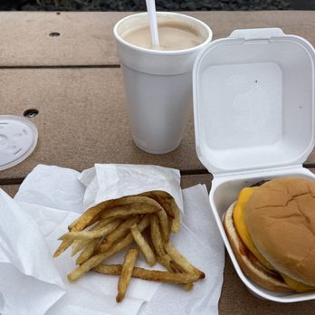 Dick's Hamburgers - At my picnic table outside eating a double cheeseburger, cold small fries, and milkshake - Burgers Near Me - Spokane, Washington Dick's Hamburgers - At my picnic table outside eating a double cheeseburger, cold small fries, and milkshake - Burgers Near Me - Spokane, Washington