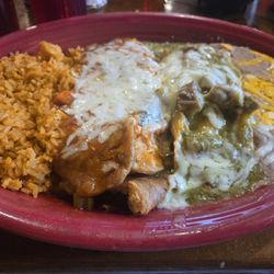 Chile relleno and tamale w/green chile. The relleno was just the right puffiness and not greasy. Cooked slowly like an abuela took her time.