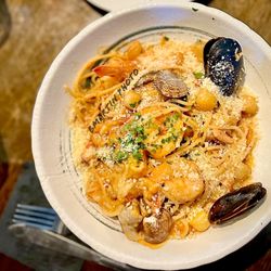 Farfalla Trattoria - Linguine Pescatora....with a glass of red red wine. Heavenly!