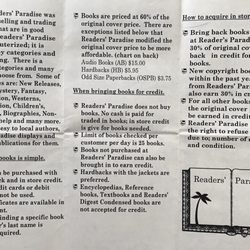 Readers Paradise - This is the back side of their pamphlet explaining how buying and trading books at their store works.