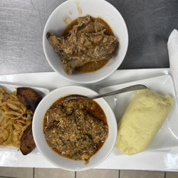 Elle Et Moi Cuisine - Goat, Egusi,Cabbage,Plantain,Fufu and Peanut Butter Stew Chicken