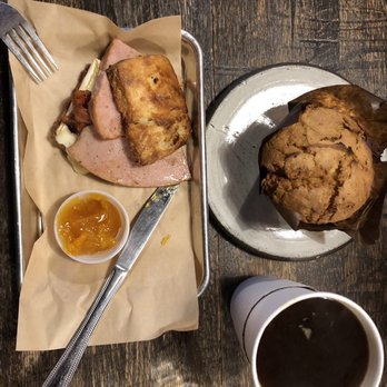 West Oak Coffee Bar - Brie bird, Americano, avocado pound cake muffin - Coffee & Tea Near Me - Denton, Texas