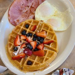 The Great Egg - Denton - Patriot waffle, eggs over easy, and ham.