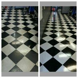 Adams Janitorial - Before-after floor strip and wax at a barbershop.