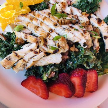 The Wakehouse - Kale, tangerines, strawberries, grilled chicken, drizzled with a blue cheese strawberry vinaigrette. - Bars Near Me - Reedley, California The Wakehouse - Kale, tangerines, strawberries, grilled chicken, drizzled with a blue cheese strawberry vinaigrette. - Bars Near Me - Reedley, California