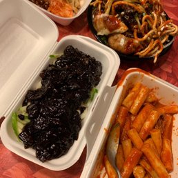 black bean udon (left), beef bowl (in the back), spicy rice cakes (right)