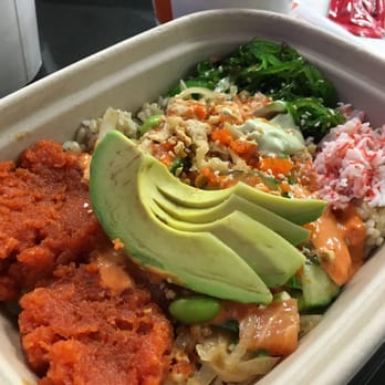 Poké Bar - 2 Scoops Spicy Tuna, 1 Scoop Salmon, Avocado, House Dressing + Ponzu - Seafood Near Me - Mountain View, California Poké Bar - 2 Scoops Spicy Tuna, 1 Scoop Salmon, Avocado, House Dressing + Ponzu - Seafood Near Me - Mountain View, California