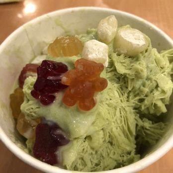 Salju Dessert - Shaved ice with Green tea syrup, condensed milk and gummy bears and Mochi pieces. - Desserts Near Me - Alhambra, California Salju Dessert - Shaved ice with Green tea syrup, condensed milk and gummy bears and Mochi pieces. - Desserts Near Me - Alhambra, California
