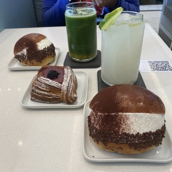 La Petite Colline - July 15, 2022 - Tiratozzo (Tiramisu Maritozzo), Raspberry Ganache Danish, Iced Matcha Orange Green Tea, Iced Lychee Lime Soda - Bakeries Near Me - Toronto, Ontario