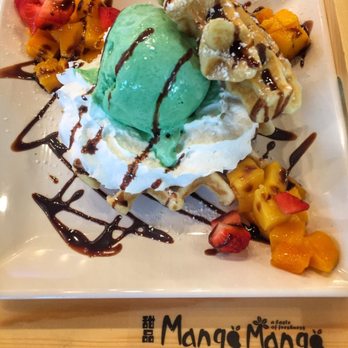 Mango Mango Dessert - Waffle with strawberry, bananas, mango fruits topped green tea ice cream! - Desserts Near Me - Plano, Texas