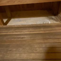 Sauna, missing part of floor, prior water damage & mold developed. Sauna, missing part of floor, prior water damage & mold developed.