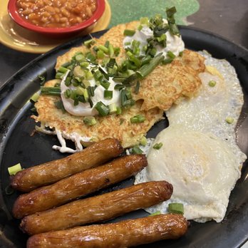 Keltic Kitchen - Egg & sausages with potato pancakes and a side of beans - Breakfast & Brunch Near Me - West Yarmouth, Massachusetts Keltic Kitchen - Egg & sausages with potato pancakes and a side of beans - Breakfast & Brunch Near Me - West Yarmouth, Massachusetts