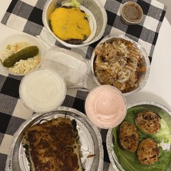 Dobbs Diner - Spanakopita, Cheeseburger (bun on side), Clams, and Waffle French Fries with Melted Cheese. Vanilla and Strawberry Milkshake