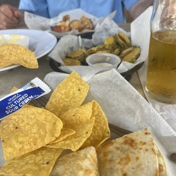 The Current Tavern - Shrimp quesadillas, fried pickles, wings, chips & queso.  The side was chips & salsa. Very good - Bars Near Me - Canton, North Carolina