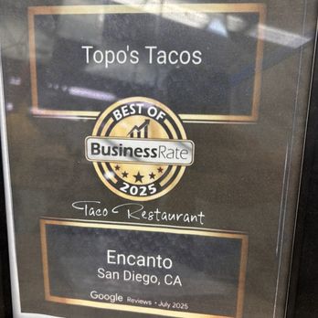 Topo's Tacos - A plaque - Tacos Near Me - San Diego, California