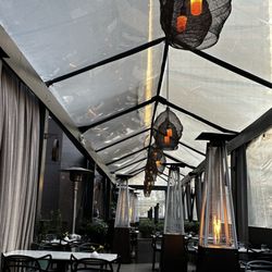 Patio seating with cover and heat lamps