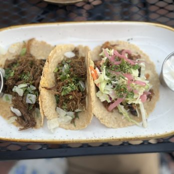 Whiskey 'N Rye Smokehouse - taco triple threat: 2 chimichurri brisket + 1 carolina gold pulled pork on white corn-wheat tortillas = $21 - Barbeque Near Me - Solvang, California Whiskey 'N Rye Smokehouse - taco triple threat: 2 chimichurri brisket + 1 carolina gold pulled pork on white corn-wheat tortillas = $21 - Barbeque Near Me - Solvang, California