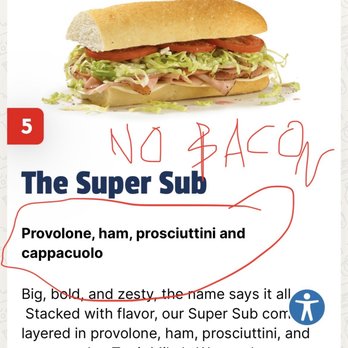Jersey Mike's Subs - A screencap of the menu, showing no bacon included on a #5 - Sandwiches Near Me - Burbank, California Jersey Mike's Subs - A screencap of the menu, showing no bacon included on a #5 - Sandwiches Near Me - Burbank, California