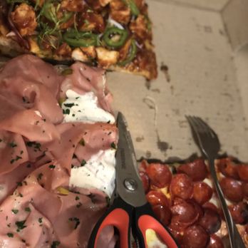 Blozzom Pizza - Pice of bbq chicken, mortadella and burrata, spicy cup pepperoni, and sausage and peppers missing. - Pizza Near Me - Miami Beach, Florida