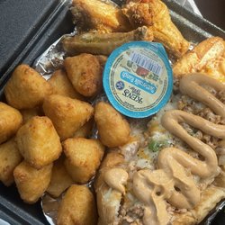 Tossed N Sauced - salmon philly with lemon pepper wings and mac & cheese bites