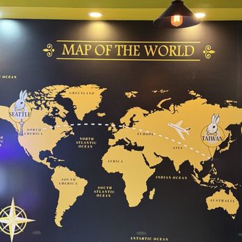 Rabbit Rabbit Tea - Map of the world to the left-hand side of the interior - Bubble Tea Near Me - Seattle, Washington Rabbit Rabbit Tea - Map of the world to the left-hand side of the interior - Bubble Tea Near Me - Seattle, Washington
