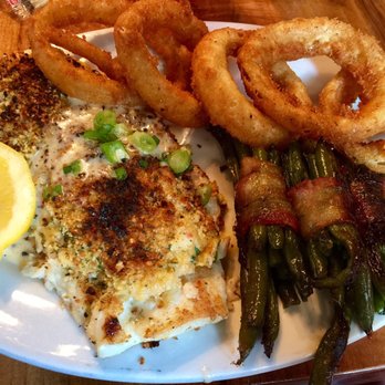 The Half Shell - Crab crusted flounder with onion rings & green beans - Seafood Near Me - Saint Simons Island, Georgia The Half Shell - Crab crusted flounder with onion rings & green beans - Seafood Near Me - Saint Simons Island, Georgia