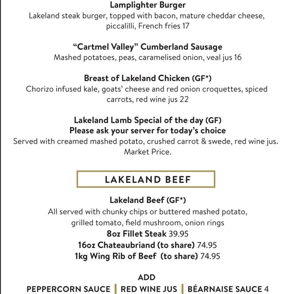 The Lamplighter - Menu - British Near Me - Windermere, CMA