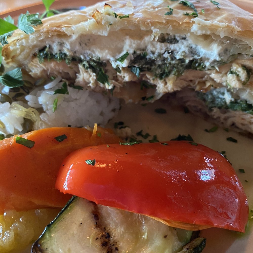 Fiddle River Restaurant - Filo Yukon Arctic Char...baked with spinach and goat cheese wrapped in Filo. - Seafood Near Me - Jasper, Alberta Fiddle River Restaurant - Filo Yukon Arctic Char...baked with spinach and goat cheese wrapped in Filo. - Seafood Near Me - Jasper, Alberta