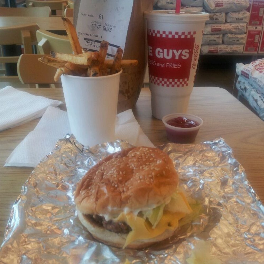 Five Guys - Little cheeseburger w lettuce n mayo, regular fries, large drink - Burgers Near Me - Florissant, Missouri Five Guys - Little cheeseburger w lettuce n mayo, regular fries, large drink - Burgers Near Me - Florissant, Missouri
