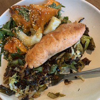 Flower Child - Salmon*, Yuzu Brussels Sprouts, Red Chile Glazed Sweet Potato - Salad Near Me - Phoenix, Arizona Flower Child - Salmon*, Yuzu Brussels Sprouts, Red Chile Glazed Sweet Potato - Salad Near Me - Phoenix, Arizona