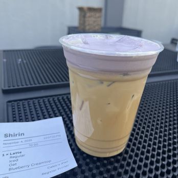 Cowboy Coffee - Blueberry cold foam on an iced oat milk latte - Coffee & Tea Near Me - Sunnyvale, California