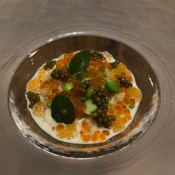 Aquavit - Buttermilk sauce with caviar and trout roe with peas and smoked squid - Scandinavian Near Me - New York, New York Aquavit - Buttermilk sauce with caviar and trout roe with peas and smoked squid - Scandinavian Near Me - New York, New York