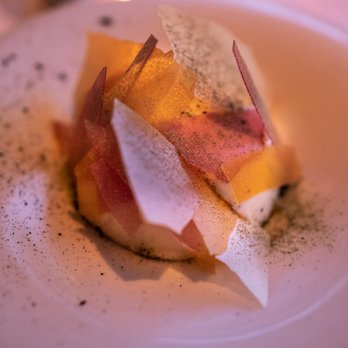 Canlis - Peaches on white chocolate mouse - New American Near Me - Seattle, Washington Canlis - Peaches on white chocolate mouse - New American Near Me - Seattle, Washington