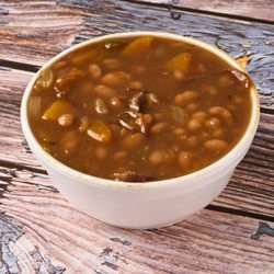 Frannie's Barbeque - Infamous baked beans with peaches and smoked brisket.