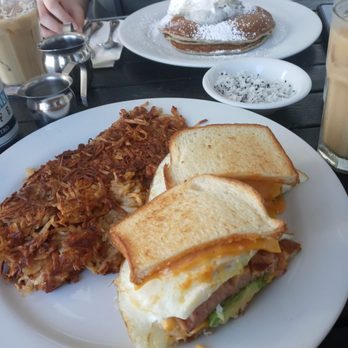 Bea Bea's - Honolulu sandwich with well done hash. Black sesame pancakes in the back - Coffee & Tea Near Me - Burbank, California Bea Bea's - Honolulu sandwich with well done hash. Black sesame pancakes in the back - Coffee & Tea Near Me - Burbank, California