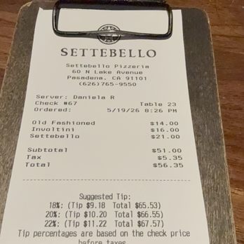 Settebello Pizzeria Napoletana - Final bill - Pizza Near Me - Pasadena, California