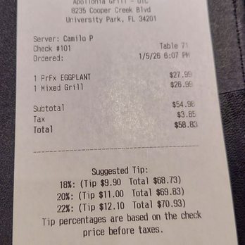 Apollonia Grill - University Park - Bill - Mediterranean Near Me - Bradenton, Florida Apollonia Grill - University Park - Bill - Mediterranean Near Me - Bradenton, Florida