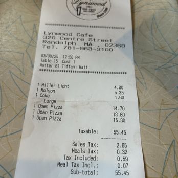 Lynwood Cafe - Check-bill - Pizza Near Me - Randolph, Massachusetts