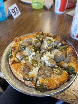 Photo of Old Town Pizza & Tap House - Elk Grove, CA, US. 8" Custom Pizza - spicy garlic sauce, meatballs, jalapeño, spinach, ricotta