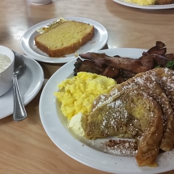The Serving Spoon - French Toast with bacon, scrambled eggs, side of grits and side of cornbread - Breakfast & Brunch Near Me - Inglewood, California