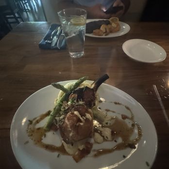 Serrato's Steakhouse - Bourbon glazed pork chop with mashed potatoes and asparagus - Steakhouses Near Me - Franklin, Tennessee