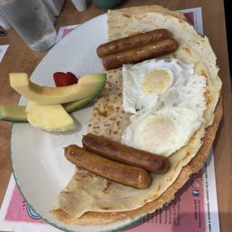 Savory cheddar crepe with sausage and eggs