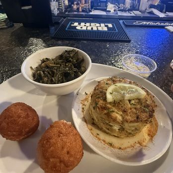 T&J’s Cove - Crabcake with hush puppies and collard greens - Seafood Near Me - Leonardtown, Maryland