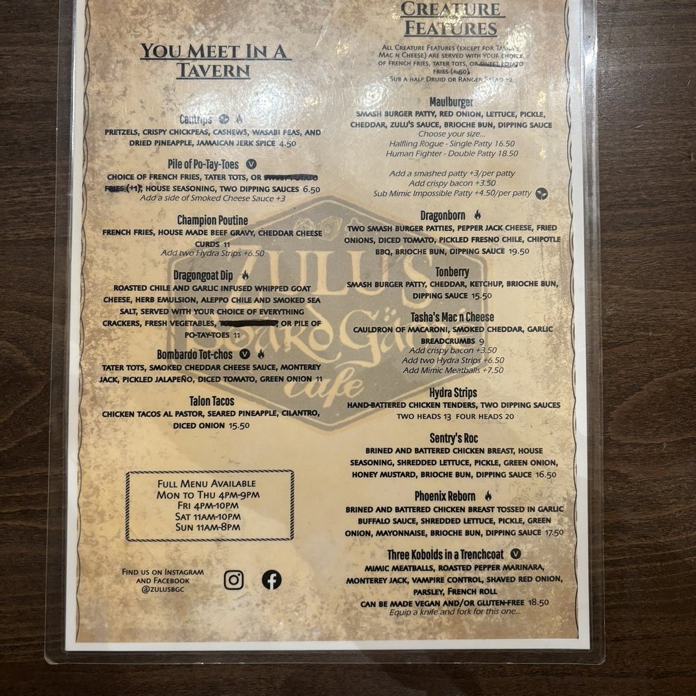 Zulu's Board Game Cafe - Menu page 1 - Cafes Near Me - Bothell, Washington